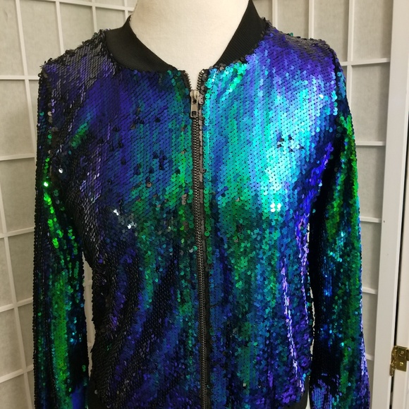 Iridescent peacock green sequined jacket sz 8 - Picture 6 of 8